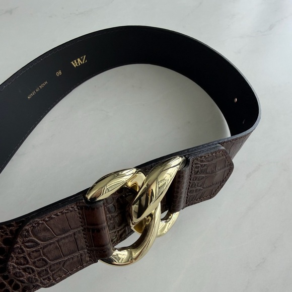 Zara Leather Brown Croc-Embossed Belt with Gold Buckle